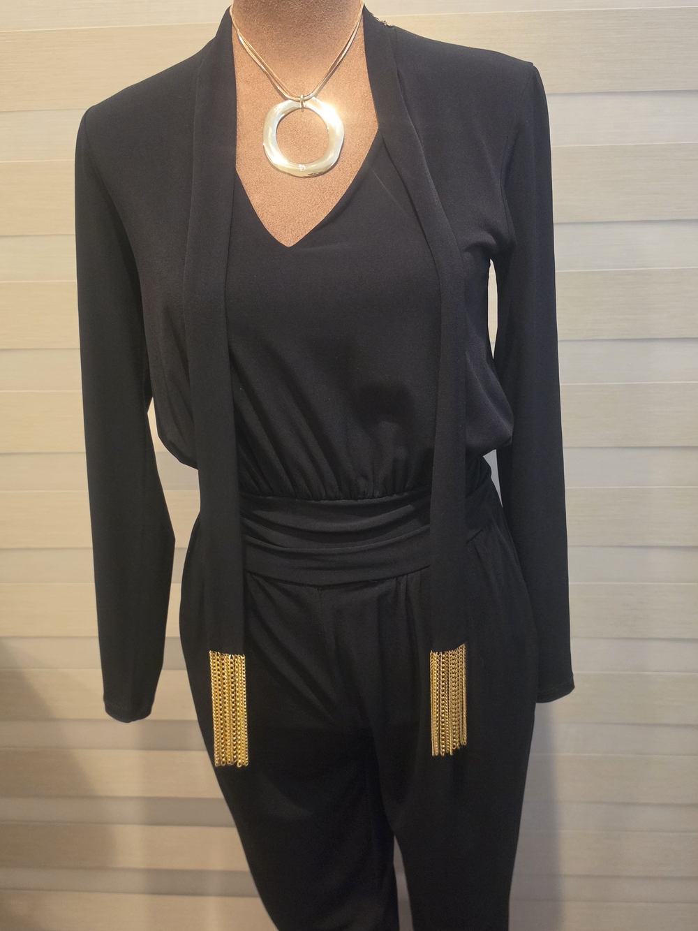 Michael Kors Black Jumpsuit with Gold Chain Tassels